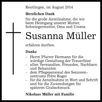 Anzeige von Susanna Müller von Reutlinger Generalanzeiger