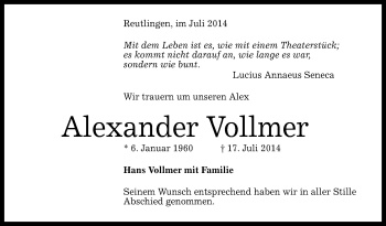 Anzeige von Alexander Vollmer von Reutlinger Generalanzeiger