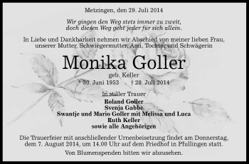 Anzeige von Monika Goller von Reutlinger Generalanzeiger