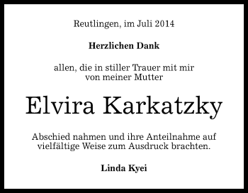 Anzeige von Elvira Karkatzky von Reutlinger Generalanzeiger