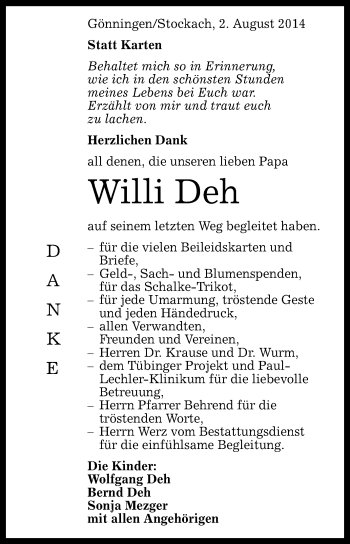 Anzeige von Willi Deh von Reutlinger Generalanzeiger