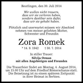 Anzeige von Zora Romek von Reutlinger Generalanzeiger