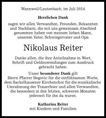 Anzeige von Nikolaus Reiter von Reutlinger Generalanzeiger