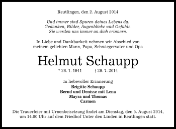 Anzeige von Helmut Schaupp von Reutlinger Generalanzeiger
