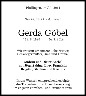 Anzeige von Gerda Göbel von Reutlinger Generalanzeiger