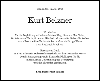 Anzeige von Kurt Belzner von Reutlinger Generalanzeiger