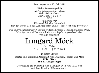 Anzeige von Irmgard Möck von Reutlinger Generalanzeiger