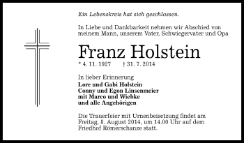 Anzeige von Franz Holstein von Reutlinger Generalanzeiger