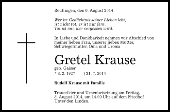 Anzeige von Gretel Krause von Reutlinger Generalanzeiger