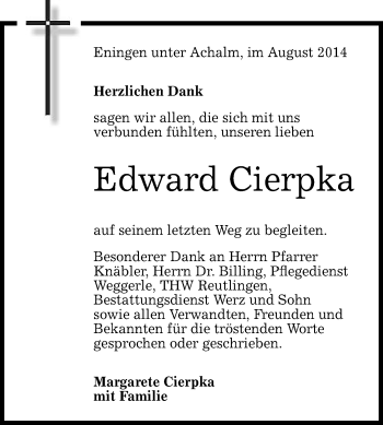 Anzeige von Edward Cierpka von Reutlinger Generalanzeiger