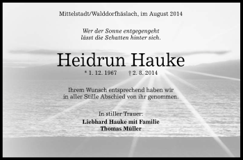 Anzeige von Heidrun Hauke von Reutlinger Generalanzeiger