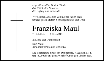 Anzeige von Franziska Maul von Reutlinger Generalanzeiger