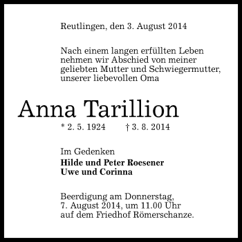 Anzeige von Anna Tarillion von Reutlinger Generalanzeiger