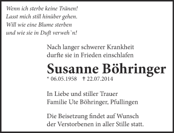 Anzeige von Susanne Böhringer von Reutlinger Generalanzeiger