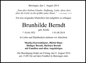 Anzeige von Brunhilde Berndt von Reutlinger Generalanzeiger