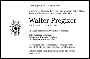 Anzeige von Walter Pregizer von Reutlinger Generalanzeiger