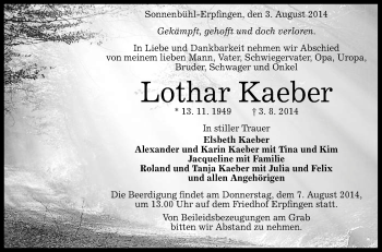 Anzeige von Lothar Kaeber von Reutlinger Generalanzeiger