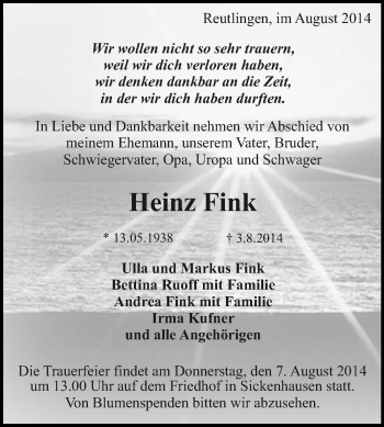 Anzeige von Heinz Fink von Reutlinger Generalanzeiger