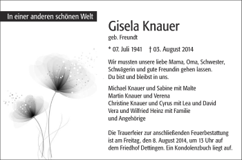 Anzeige von Gisela Knauer von Reutlinger Generalanzeiger
