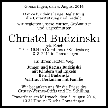 Anzeige von Christel Budzinski von Reutlinger Generalanzeiger