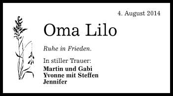 Anzeige von Lilo  von Reutlinger Generalanzeiger