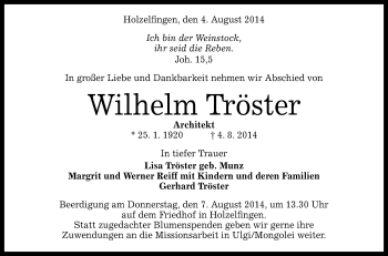 Anzeige von Wilhelm Tröster von Reutlinger Generalanzeiger