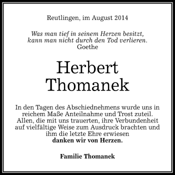 Anzeige von Herbert Thomanek von Reutlinger Generalanzeiger