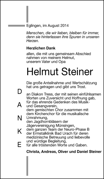 Anzeige von Helmut Steiner von Reutlinger Generalanzeiger