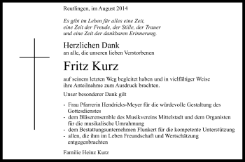 Anzeige von Fritz Kurz von Reutlinger Generalanzeiger