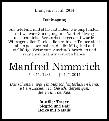 Anzeige von Manfred Nimmrich von Reutlinger Generalanzeiger