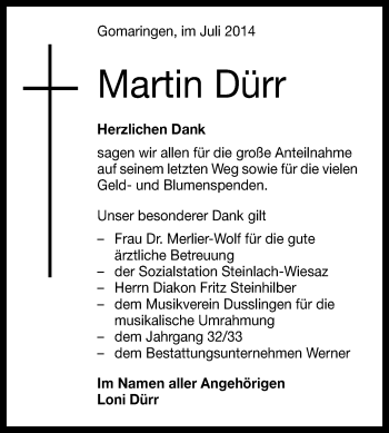 Anzeige von Martin Dürr von Reutlinger Generalanzeiger