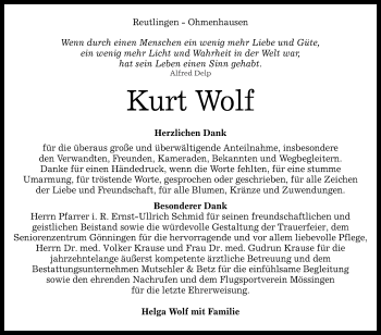 Anzeige von Kurt Wolf von Reutlinger Generalanzeiger