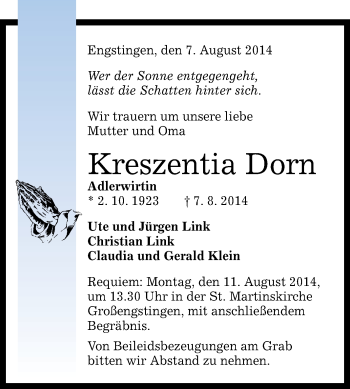 Anzeige von Kreszentia Dorn von Reutlinger Generalanzeiger