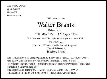 Anzeige von Walter Brants von Reutlinger Generalanzeiger