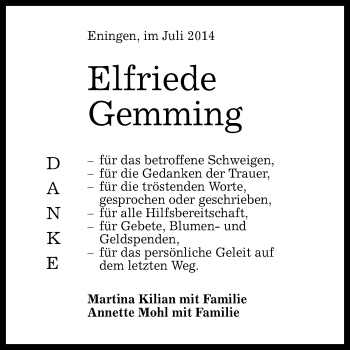 Anzeige von Elfriede Gemming von Reutlinger Generalanzeiger