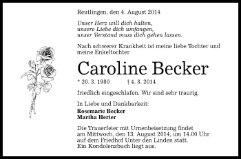 Anzeige von Caroline Becker von Reutlinger Generalanzeiger