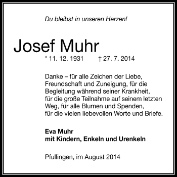 Anzeige von Josef Muhr von Reutlinger Generalanzeiger