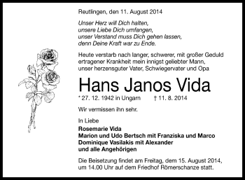Anzeige von Hans Janos Vida von Reutlinger Generalanzeiger
