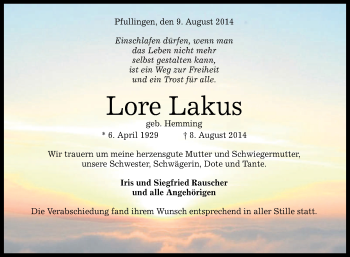 Anzeige von Lore Lakus von Reutlinger Generalanzeiger
