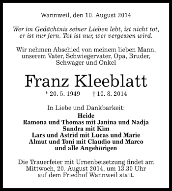 Anzeige von Franz Kleeblatt von Reutlinger Generalanzeiger