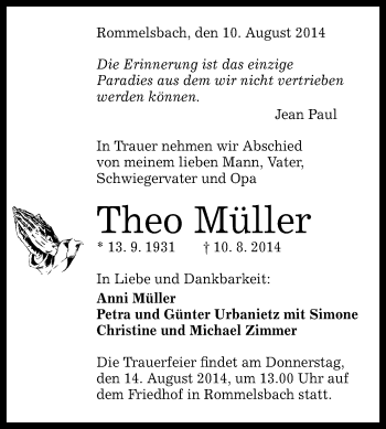 Anzeige von Theo Müller von Reutlinger Generalanzeiger