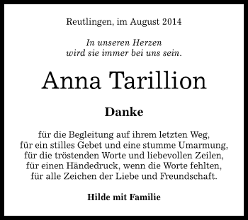 Anzeige von Anna Tarillion von Reutlinger Generalanzeiger