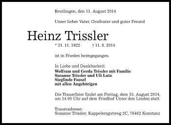 Anzeige von Heinz Trissler von Reutlinger Generalanzeiger