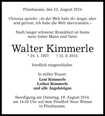 Anzeige von Walter Kimmerle von Reutlinger Generalanzeiger