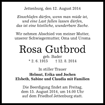 Anzeige von Rosa Gutbrod von Reutlinger Generalanzeiger