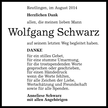 Anzeige von Wolfgang Schwarz von Reutlinger Generalanzeiger