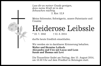Anzeige von Heiderose Leibssle von Reutlinger Generalanzeiger