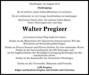 Anzeige von Walter Pregizer von Reutlinger Generalanzeiger