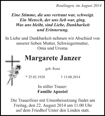Anzeige von Margarete Janzer von Reutlinger Generalanzeiger