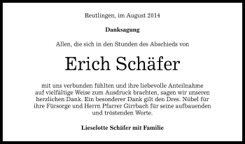 Anzeige von Erich Schäfer von Reutlinger Generalanzeiger